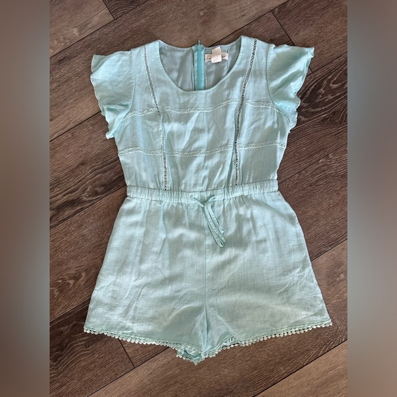 Lost in Lunar Green mint romper shorts tie waist SZ L Linen blend - Picture 1 of 8